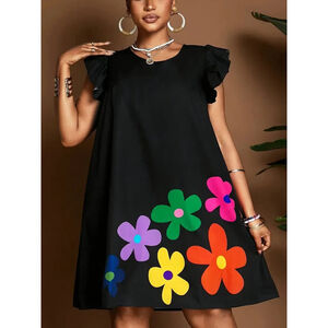 Osadía Black Swing Dress 3XL (18 US) Bold Flower Print Ruffle Sleeve Non-Stretch